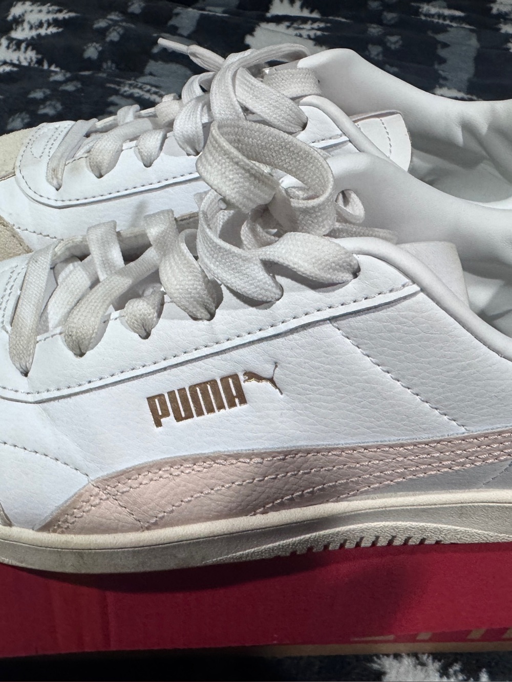 Puma White Sneakers with Blush Pink Stripe and Gold Logo